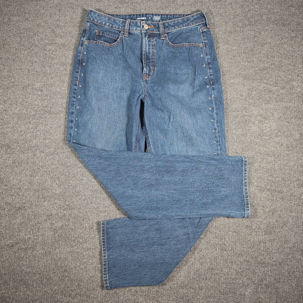 Old Navy Extra High-Rise Straight Studded Side Seam Jeans Medium Wash Blue 12